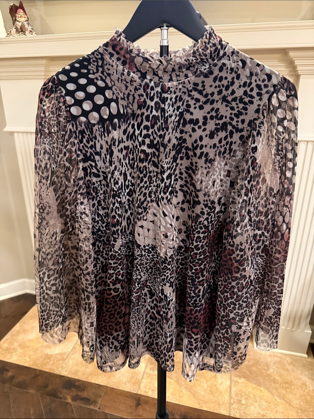 Chico's Sheer Mixed Animal & Dot Print Blouse in Beige and Black